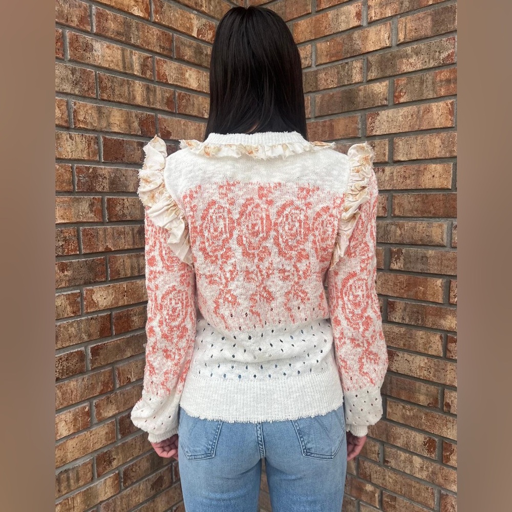 Ivory crochet knit ruffled trim floral flower boho bohemian sweater cardigan - Picture 14 of 15